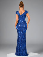 Women's Elegant Sequin Long Evening Gown - High-Waisted Mermaid Backless Formal Dress with Asymmetric One-Shoulder Neckline, Long Sleeve Sparkling Party Wedding Guest Gala Concert Dress, Mermaid Dress - Royal Blue
