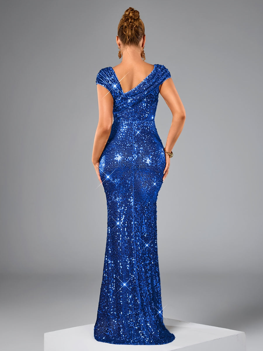 Women's Elegant Sequin Long Evening Gown - High-Waisted Mermaid Backless Formal Dress with Asymmetric One-Shoulder Neckline, Long Sleeve Sparkling Party Wedding Guest Gala Concert Dress, Mermaid Dress - Royal Blue