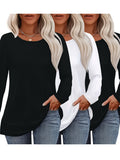 3pcs Long Sleeve Solid Color Women'S T-Shirts, Casual Holiday Outing Versatile Fall Winter Top Round Neck - 2 Black + 1 White