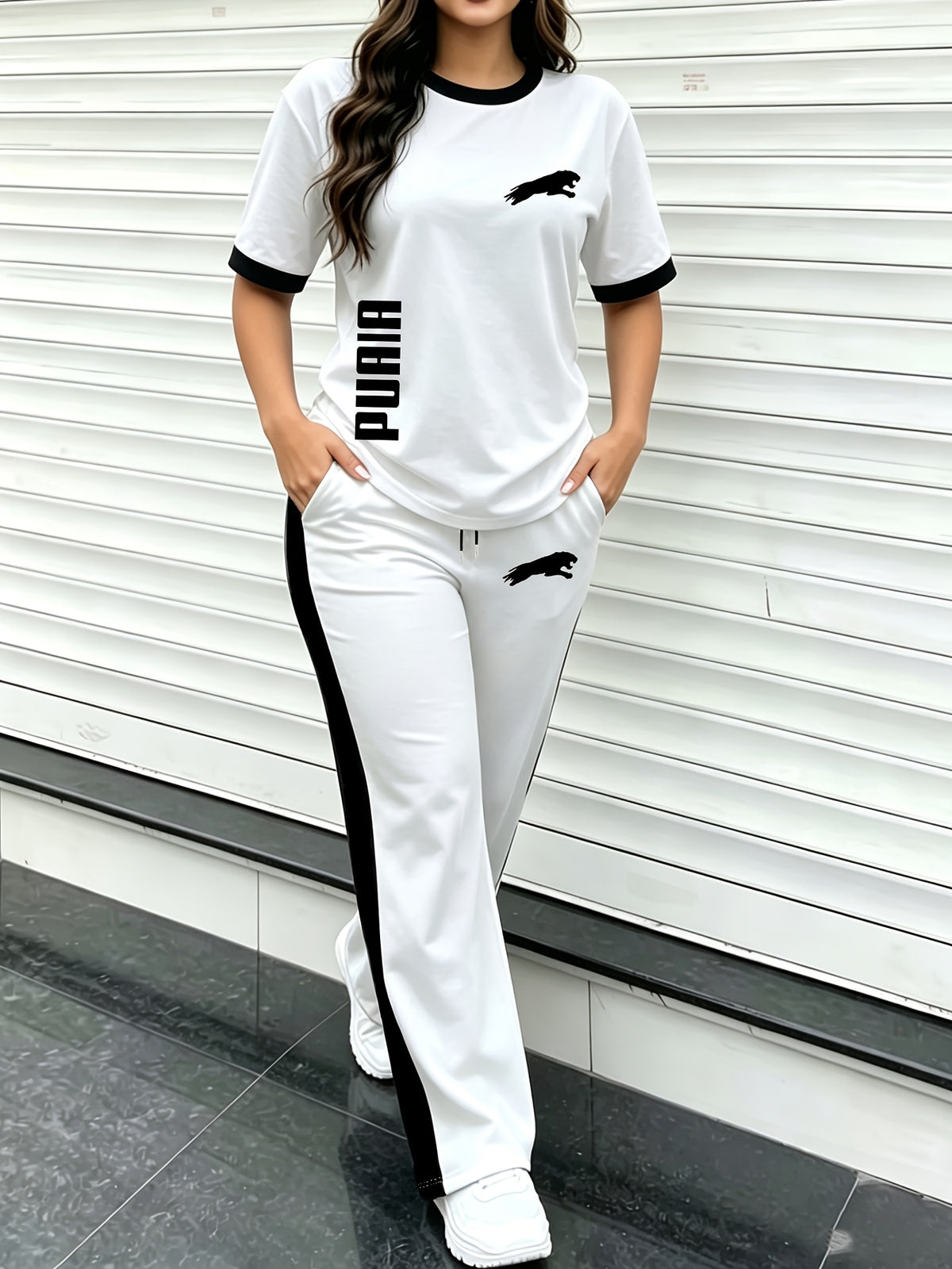 Women'S Summer Set, Fashion Casual Two-Piece Outfit, Contrast Ringer Neck Short Sleeve Top And Loose Wide-Leg Pants, Women'S Clothing! - White