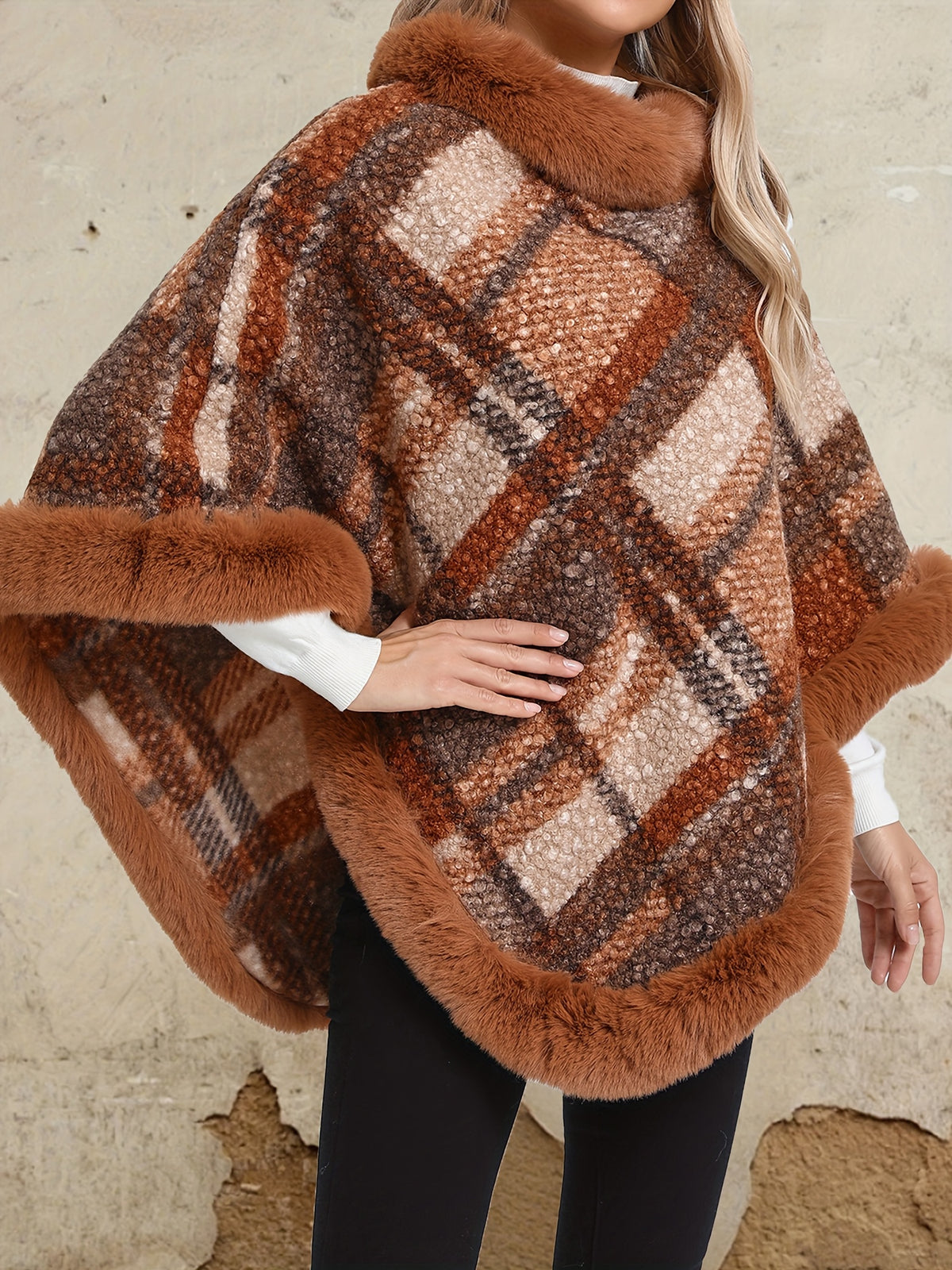 Bust (unlined)" "Length Includes Faux Trim" Elegant Special Edition 1pc Elegant Women's Round Neck Plaid Shawl Pullover, Faux Trim Patch Decoration, 100% Polyester Fiber, Stylish and Elegant European/American Style Thickened Warm Pullover - Light Brown-1