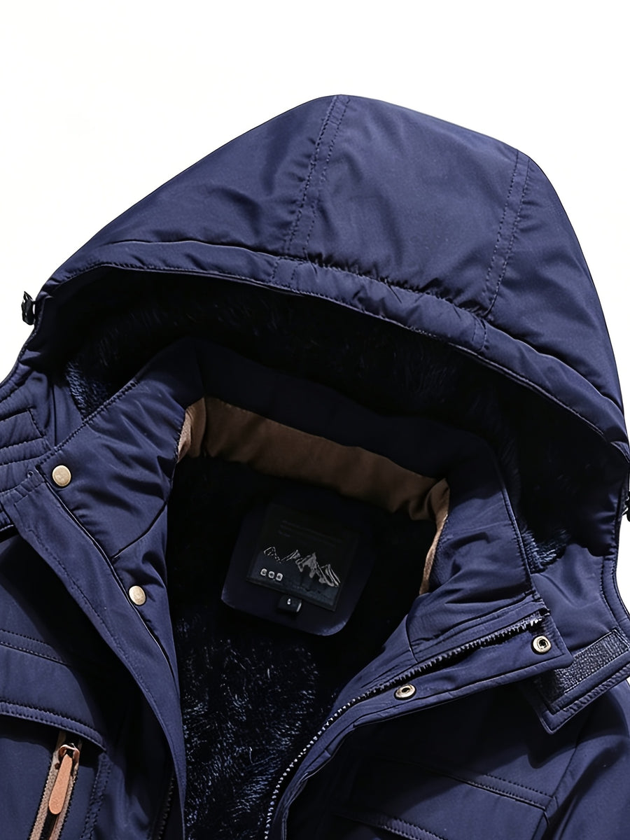 DIFFELEMENT Men's -Lined Hooded Parka Padded Coat, Windproof and Warm, Multi-Pocket Workwear Jacket with Detachable Hood, Elastic Cuffs, Regular Fit, Suitable for Cold Weather, Urban Streetwear, Skiing, Hiking, Winter Daily Work, and Casual Wear - Navy Color