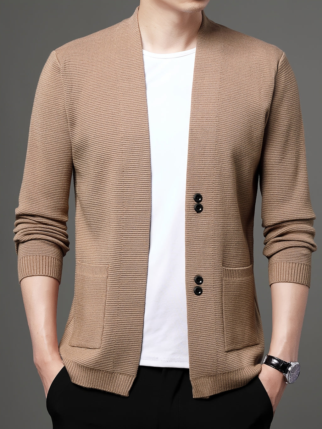 [Wading Whale OBM] Spring/Summer New Men'S Knit Cardigan, Old Money Style Solid Color V-Neck Long Sleeve Open Front Sweater Jacket with Single Button Closure And Side Pockets, Suitable for Spring And Autumn Layering Or Outerwear - Apricot