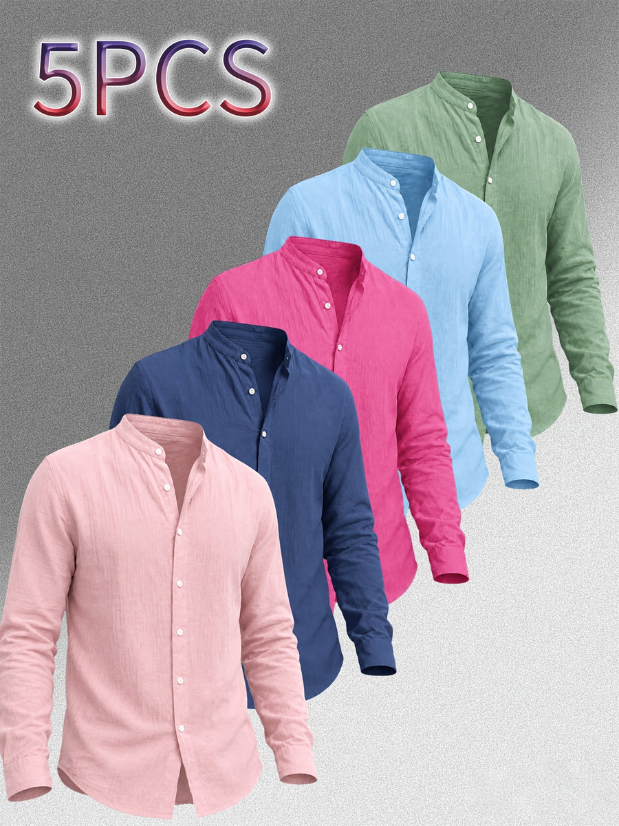 Zhiyu OBM Men's New Stand Collar Solid Color -Look Long Sleeve Shirt 5pcs Set, Simple Stand Collar Design, High-Quality Men's Long Sleeve Button- Shirt for Spring, Autumn, and Winter - Suitable for Outdoor Leisure, Vacation, Travel, and Formal Wear - Pink + Navy Blue + Rose Red + Sky Blue + Green