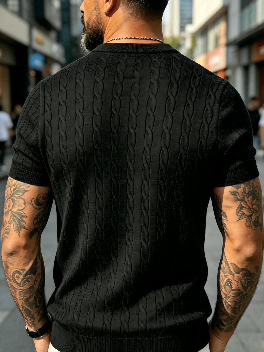 Men's Summer Solid Color Crew Neck Knit Short Sleeve Slim Fit Lightweight Half-Sleeve Top, Premium Basic Crew Neck Knitwear, Versatile Casual Base Layer for Daily Commuting - Black