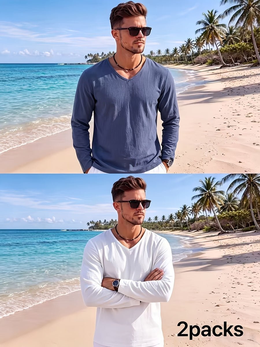 Men's 2pcs V-Neck Long Sleeve Linen T-Shirt, Breathable Loose Solid Color Top for Beach Outings and Daily Casual Wear - Navy Blue + White