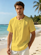 Men'S Summer Short-Sleeve T-Shirt Set, 2Pcss Beach Casual Breathable Top, Easy Design for Pool Parties And Beach Vacations, Ideal Gift for Beachwear, Daily Casual Relaxed (2Pcss Set) - Sky Blue+Yellow