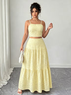Two-Piece Embroidered Maxi Dress, Bohemian Style with Layered Ruffle Hem. Perfect for Dates, Vacations, Picnics, And Beach Outings. Comfortable And Versatile Women'S Dress - 【Light Yellow】