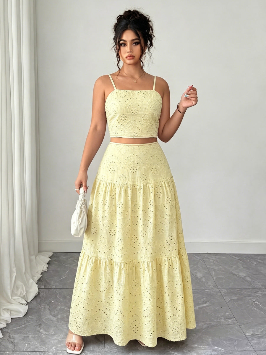 Two-Piece Embroidered Maxi Dress, Bohemian Style with Layered Ruffle Hem. Perfect for Dates, Vacations, Picnics, And Beach Outings. Comfortable And Versatile Women'S Dress - 【Light Yellow】