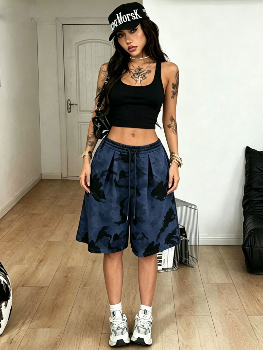 High-Waisted Wide-Leg Shorts with Tie-Dye Print - Elastic Waistband & Drawstring Suitable for Summer, Loose-Fit Pants, Non- Wide-Leg Trousers for, Casual, Office, Machine Washable - Navy Color
