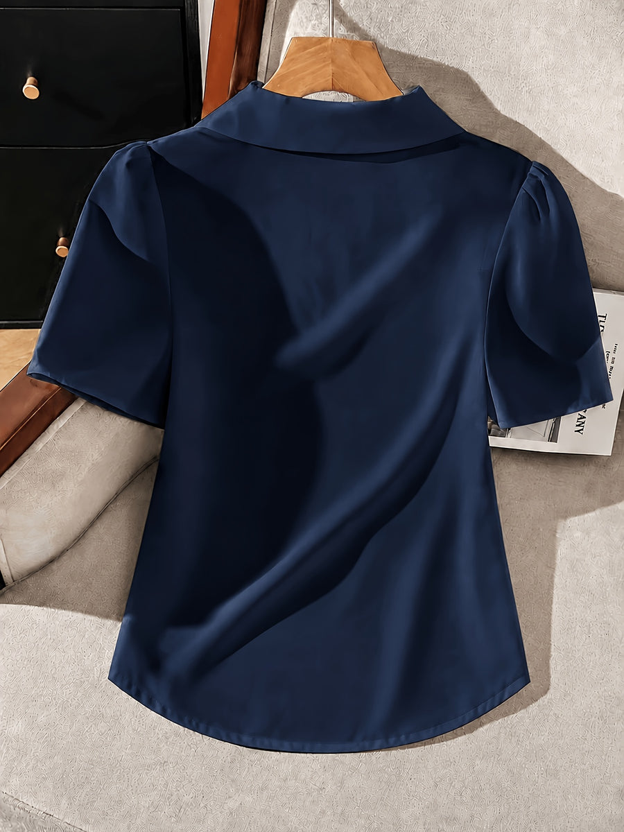 New Women's Top, Solid Color Short-Sleeve Casual Shirt for Women, Elegant and Casual Women's Blouse, Suitable for Commuting, Outings, and the Office - Navy Color