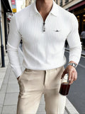 Men's Autumn/Winter Outdoor Sports Long-Sleeve Polo Shirt, Casual Half-Zip Printed Lapel Shirt - White