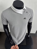 New Design Color-Blocked Slant Collar Short-Sleeve T-Shirt for Men, Summer Trendy  Irregular Collar Business Casual White Letter Print Polo - Grey