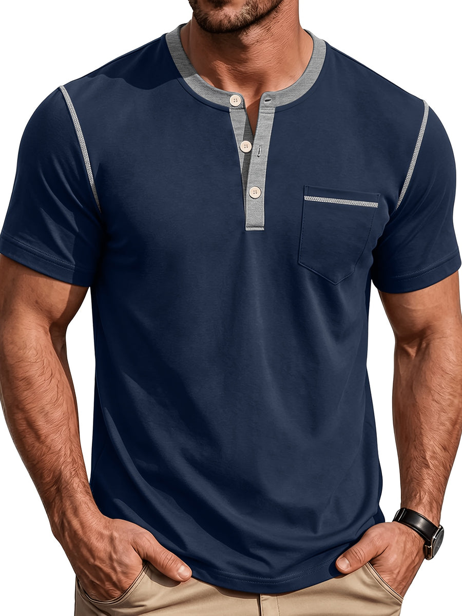 Men'S Spring Summer New Light Luxury Color-Block Henley Collar Short Sleeve T-Shirt, Half-Button 3-Button American Retro Top, High-Stretch Soft And Skin-Friendly Fabric, Breathable And Comfortable - Navy Color