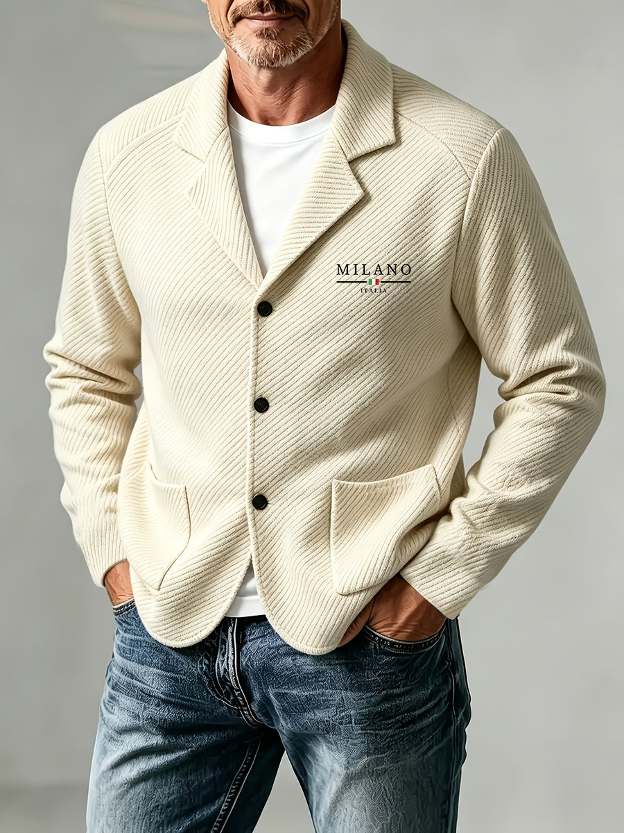 Men'S Spring Autumn New Print High-Grammage Pinstripe Texture Fabric Blazer Collar Cardigan Single Button Double Pocket Business Casual All-Match Long Sleeve Jacket, Knit Soft Comfortable Fashion Solid Color Outerwear Suitable for Daily Outings - Khaki
