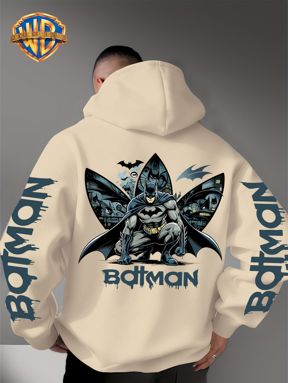 Warner Bros. Official 1pc Men's Hooded Long-Sleeve Sweatshirt - Batman Gotham Night Scene Multi-Panel Print + BATMAN Drip Graffiti Letter Creative Graphic Print, Letter Print on Both Sleeves, Cool DC Superhero IP Graphic Hoodie, Skin-Friendly - Apricot