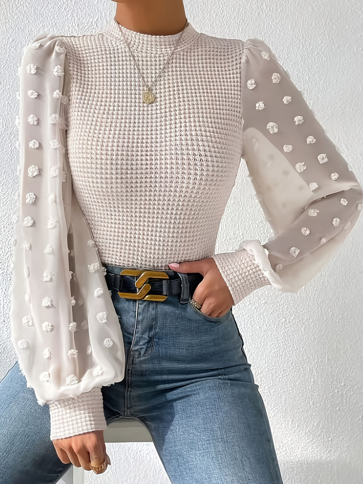 Elegant Fitted Mesh Long-Sleeve Top - Off-white