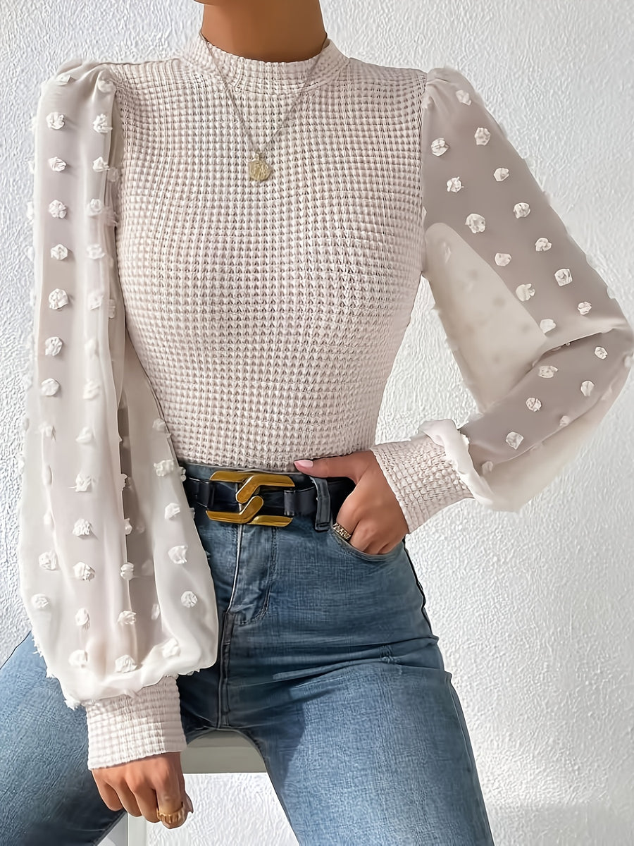 Elegant Fitted Mesh Long-Sleeve Top - Off-white