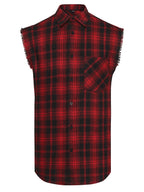 Men'S Summer Sleeveless Plaid Shirt - Raw Edge Cuffs And Lightweight Fit, Beach-To-Street Versatile Style Upgrade - Deep Red