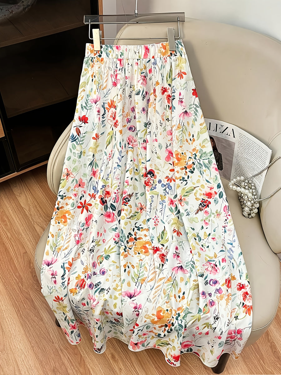 Women's A-Line Floral Print Maxi Skirt - Elegant All-Season Long Flowy Skirt with Vibrant Botanical Design, Machine Washable & Versatile for Casual Formal Wear, Cute Skirts, Relaxed Fit Garment, Everyday Outfit, Easy Care, Fashion Lovers - Multicolor
