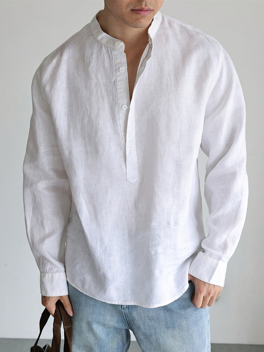 Men's Linen Old Money Style Long-Sleeve Shirt for Commuting, Work, and Protective Pointed Collar Shirt with Buttoned Corners - White