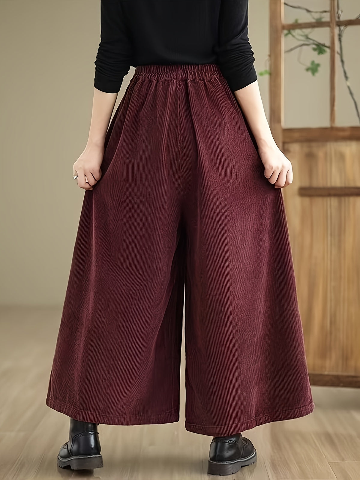 Corduroy Wide-Leg Pants with Elastic Corduroy Waist (Suitable for Body Types) - Solid Color Casual Trousers, Machine Washable,, Corduroy Pants for Casual Attire - Burgundy
