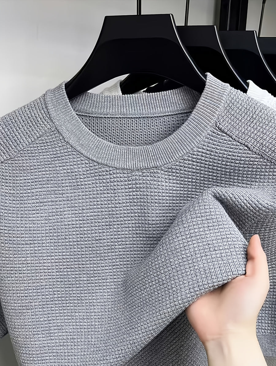 Striped Round Neck Short Sleeve Sweater T-Shirt - Loose Fit Breathable Knit Top, Suitable for All-Season Layering, Casual Blouse for Innerwear or Outerwear, Hand Washable Minimalist Wardrobe Essential - Grey