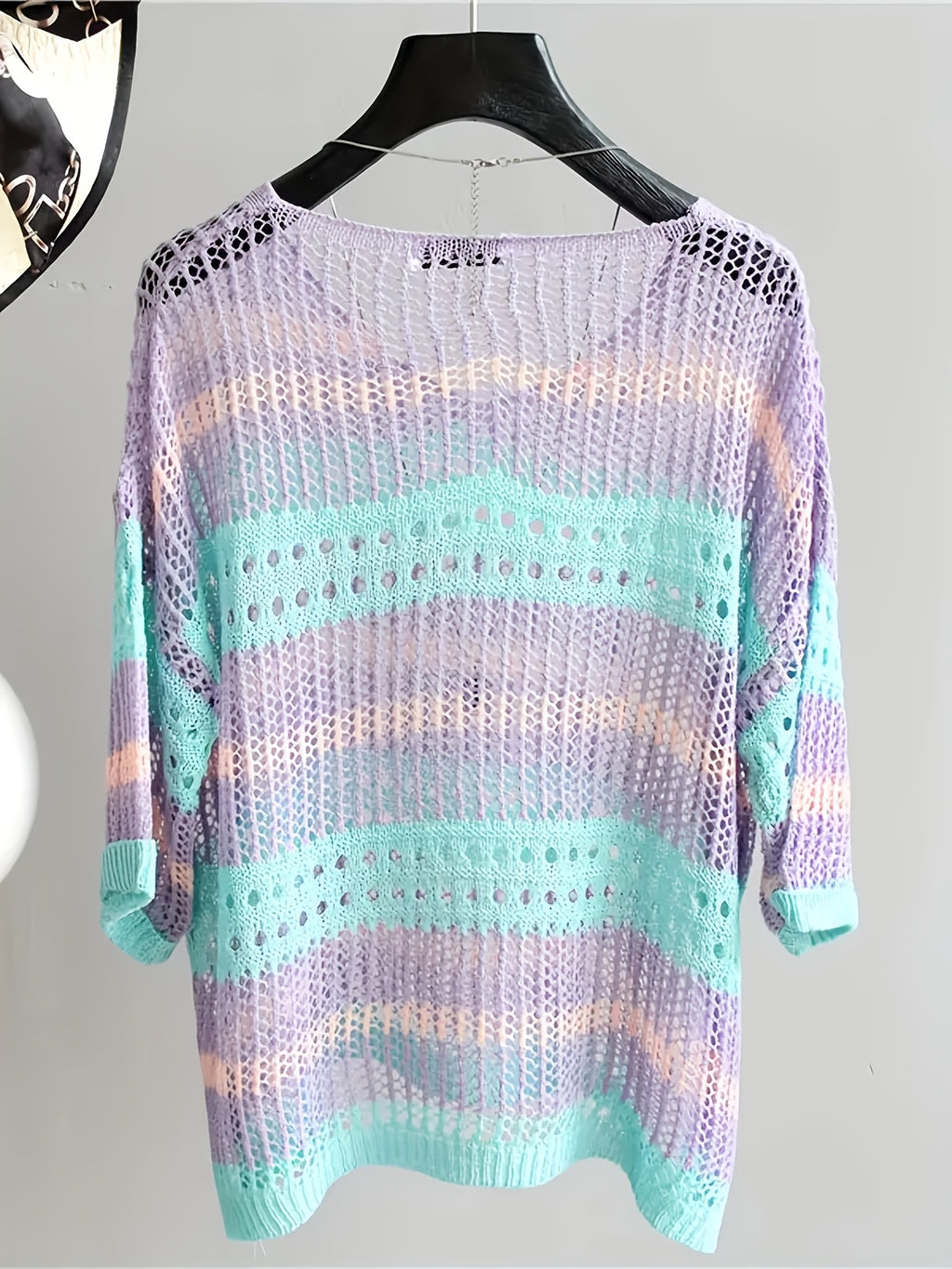 Summer Elegant Loose Hollow-Out Beach Half-Sleeve Cover-Up - Light Purple