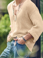 INCERUN Mens Traditional East Asian Long-Sleeve T-Shirt V-Neck Loose Fit Tops Party T-Shirt Tops - Apricot