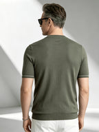 Business-casual Men's Crew Neck Short-sleeve Knit T-shirt, Slim-fit Lightweight and Breathable Knit Top, with Contrast-color Stitching and Letter Embroidery on the Cuffs, Suitable for Daily Wear, Office, and Weekend Outings in Summer - fern green