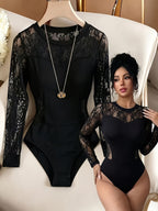 Women'S Spring Summer Autumn Exquisite Elegant Black Contrast Mesh Round Neck Short Sleeve Fitted Jumpsuit Lace Patchwork Jumpsuit - Black