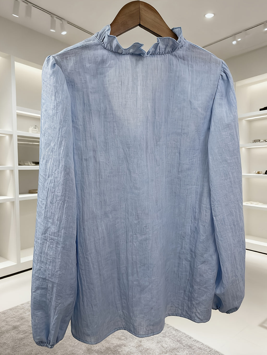 Women's Elegant and Comfortable Loose-Fit Vintage Style Ruffle V-Neck Lantern Sleeve Shirt, Versatile Top for a Feminine Look - Sky Blue
