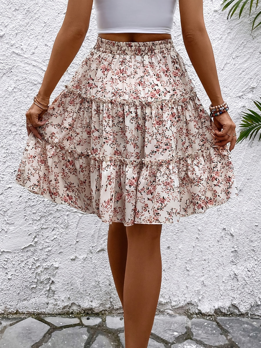 Floral Tiered Skirt with Ruffled Hem, Perfect for Spring and Summer Vacation Wear - Multicolor