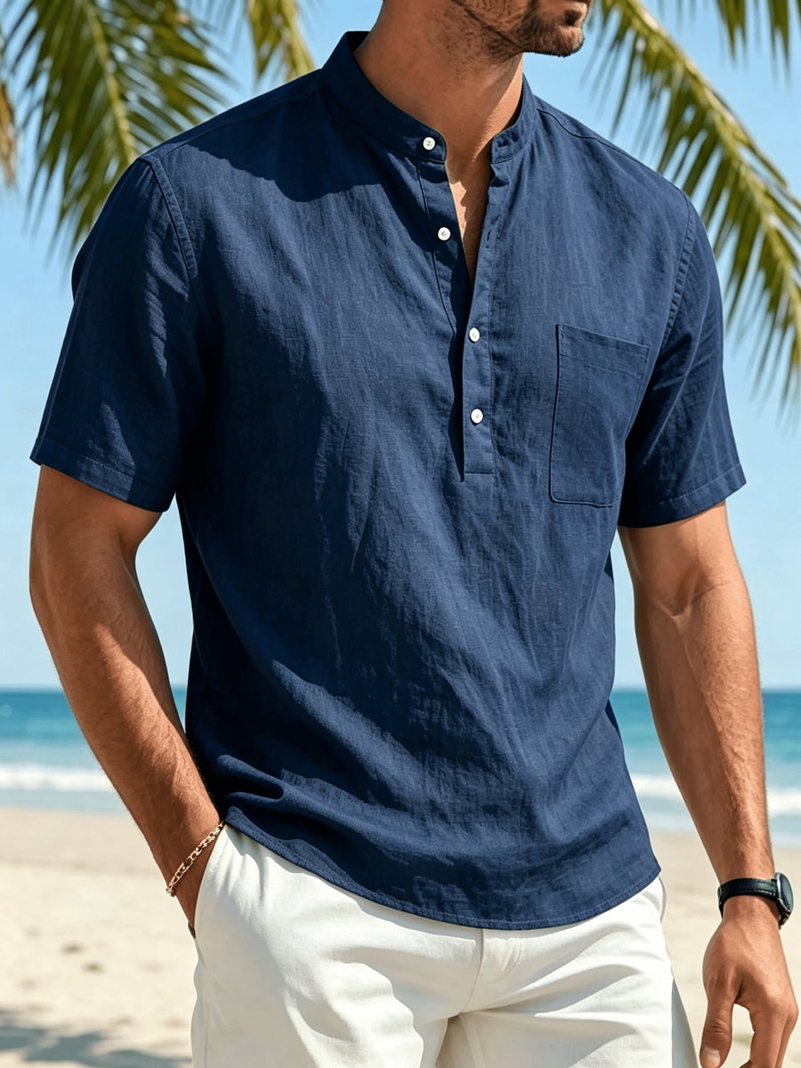Men's Henry Collar Short Sleeve Three-pc Stand Collar Half-Button Casual Top with Pockets, Solid Color Versatile Top - Yellow + Navy Blue + Sky Blue