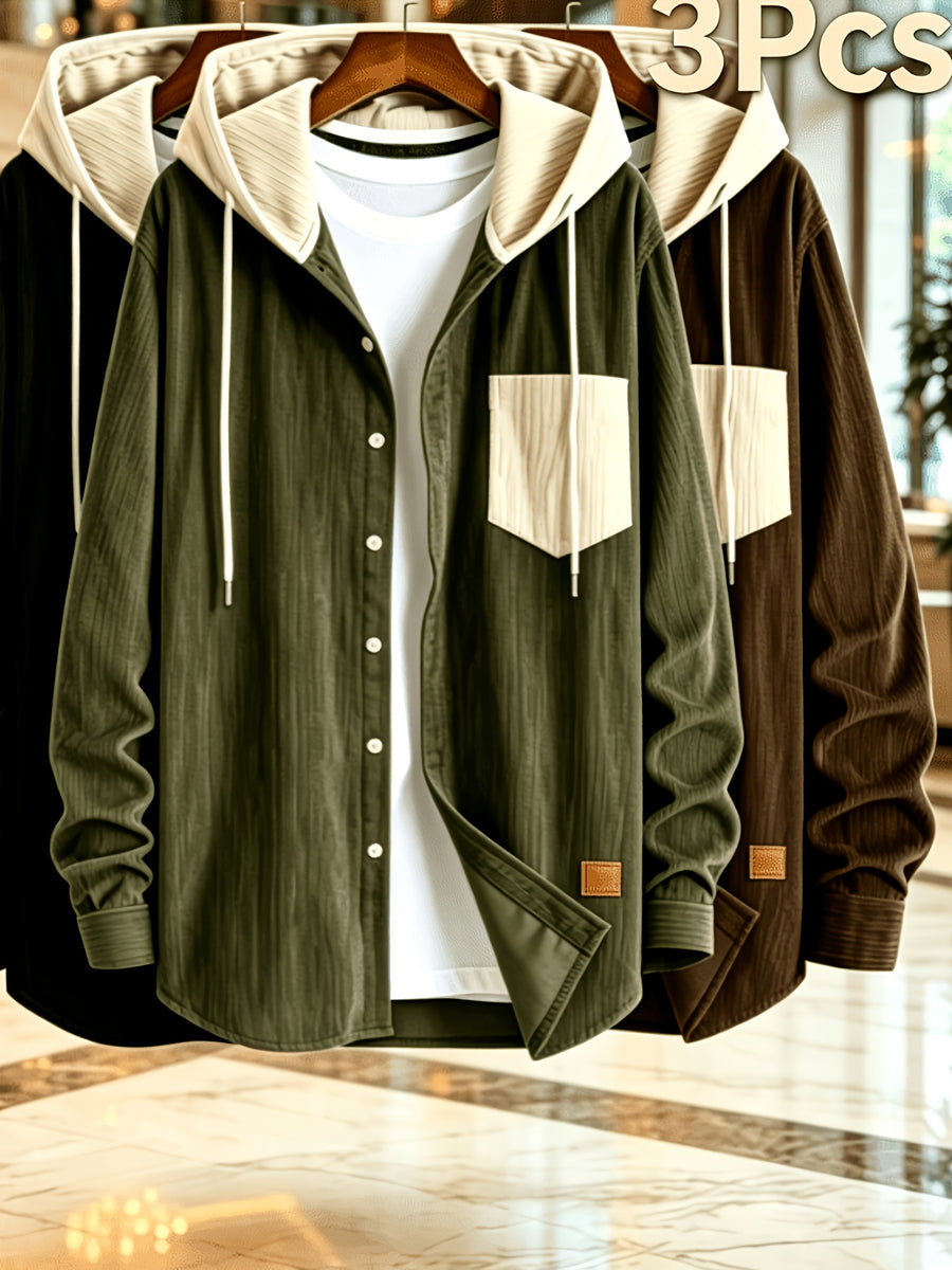 Men'S Fashion Corduroy Hooded Long Sleeve Shirt, Men'S Casual 3pcs Set Hooded Top Shirt - Black Plus Green Plus Brown