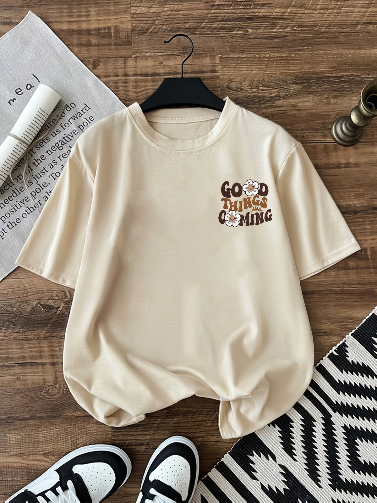 2026 Fashion New Women'S Round Neck English Letter Floral Print Fashion Short Sleeve Summer Casual T-Shirt - Khaki