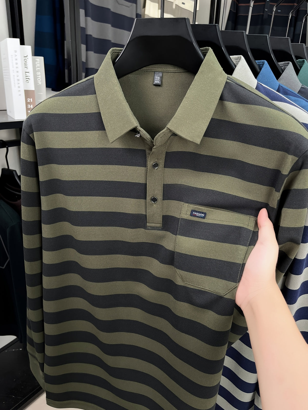 Minimalist Urban Striped Long-Sleeve Polo Shirt for Portable Daily Commuting - Army Green