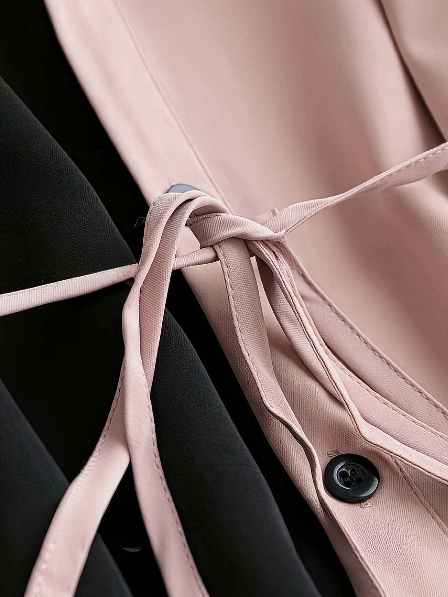 Plus-Size Women's Elegant Color-Block Collared Shirt Dress with Drawstring Waist - Slim-Fit Long Sleeve Machine Washable Solid Color Dress for Spring Summer Fall, Everyday Elegance, Flowy Fabric - Pink Color