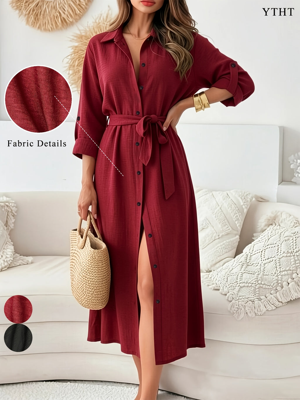 Women's Elegant Button- Shirt Dress with Collar & Split Front - Self-Tie Waist Belt, Loose Midi Length Dress Suitable for Vacation, Beach, Daily Wear, Bohemian Outfit, Machine Washable Fall/Winter Pencil Dress - Red