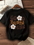 2026 Fashion New Women'S Round Neck English Letter Floral Print Fashion Short Sleeve Summer Casual T-Shirt - Black