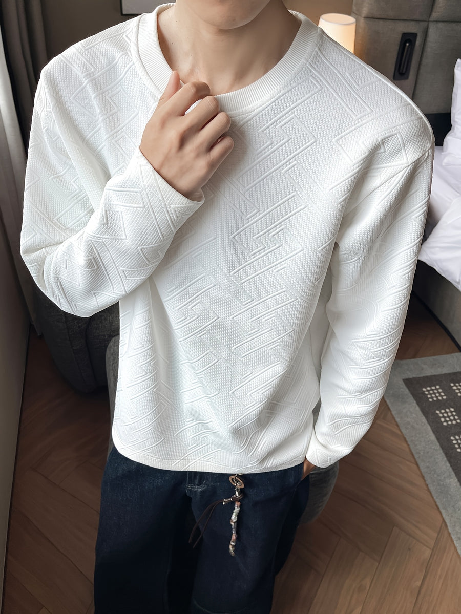 Men'S Casual Sports T-Shirt, 1pc Men'S Fashion Trendy Casual Textured Round Neck Long Sleeve T-Shirt, Loose Fit, Comfortable Stretch Fabric, Suitable for Daily Casual Commuting Wear - White