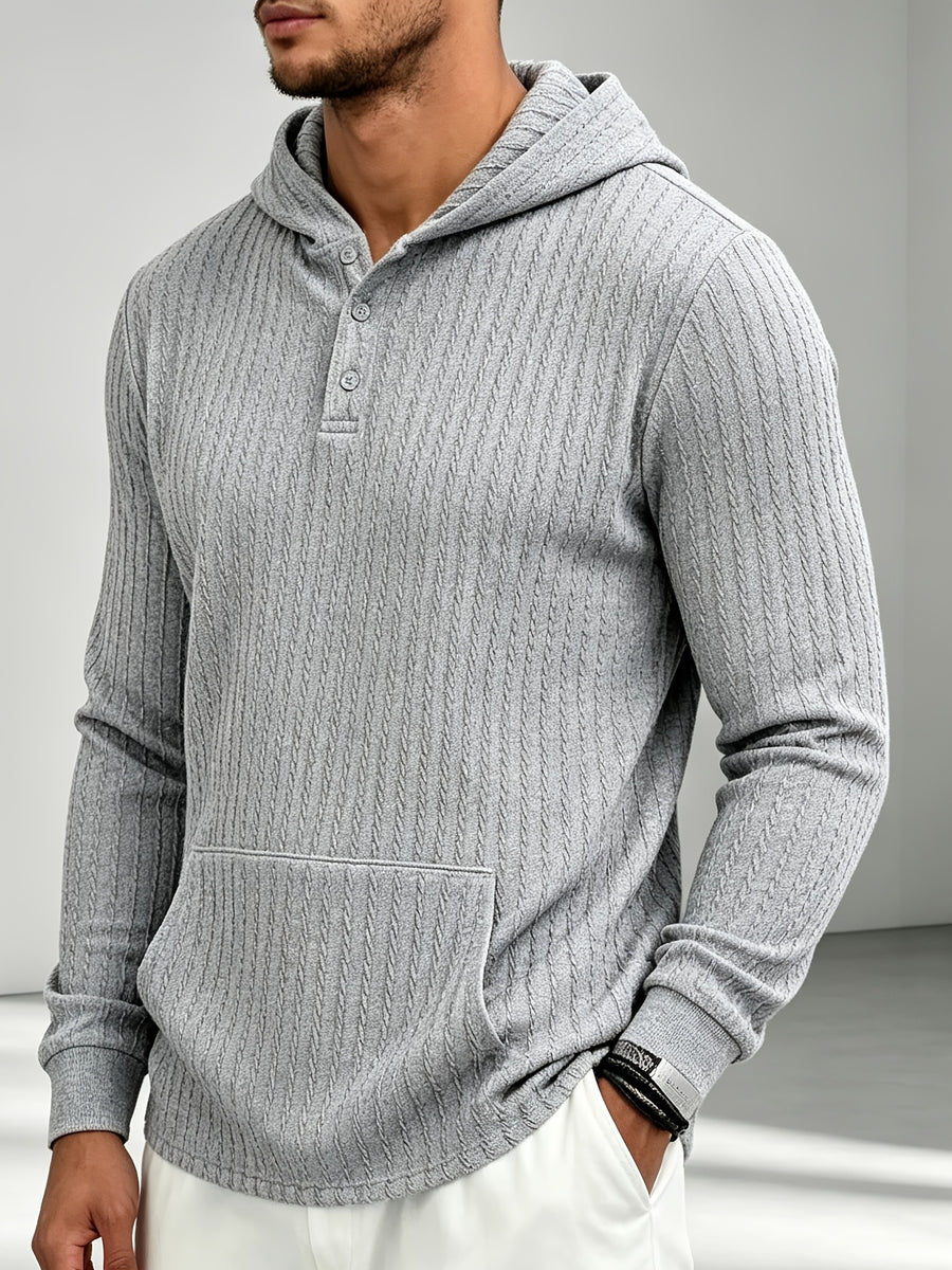 New Men'S Textured Jacquard Hooded Sweatshirt, Henley Button-Front Pouch Kangaroo Pocket Loose Stretch Long Sleeve Casual Top - Light Grey