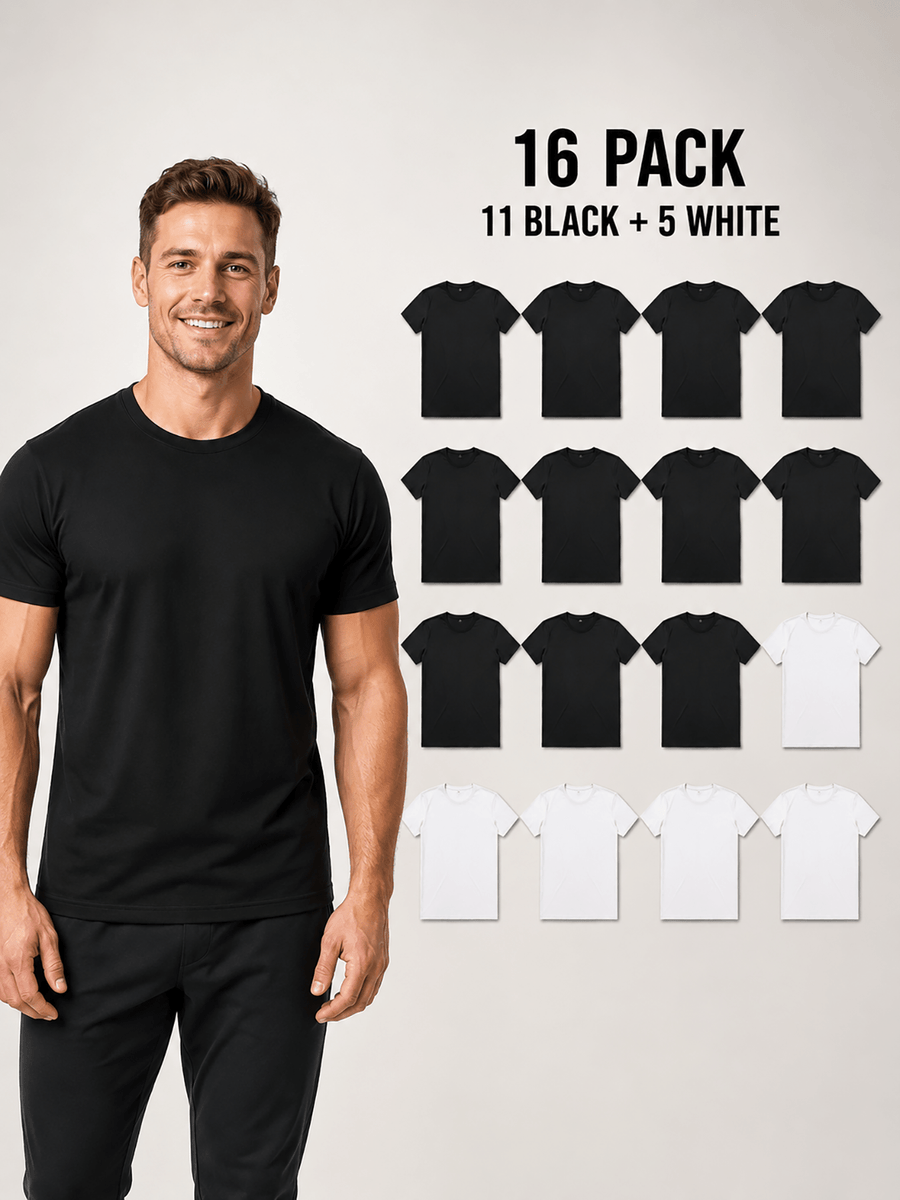 16pcs Men'S 100% Round-Neck Solid Color Short-Sleeve T-Shirts, Black And White, Soft And Breathable Basic Undershirts, Suitable for Daily Casual Wear, Sports, And Outdoor Wear - 11 Black, 5 White, 16-Piece Set