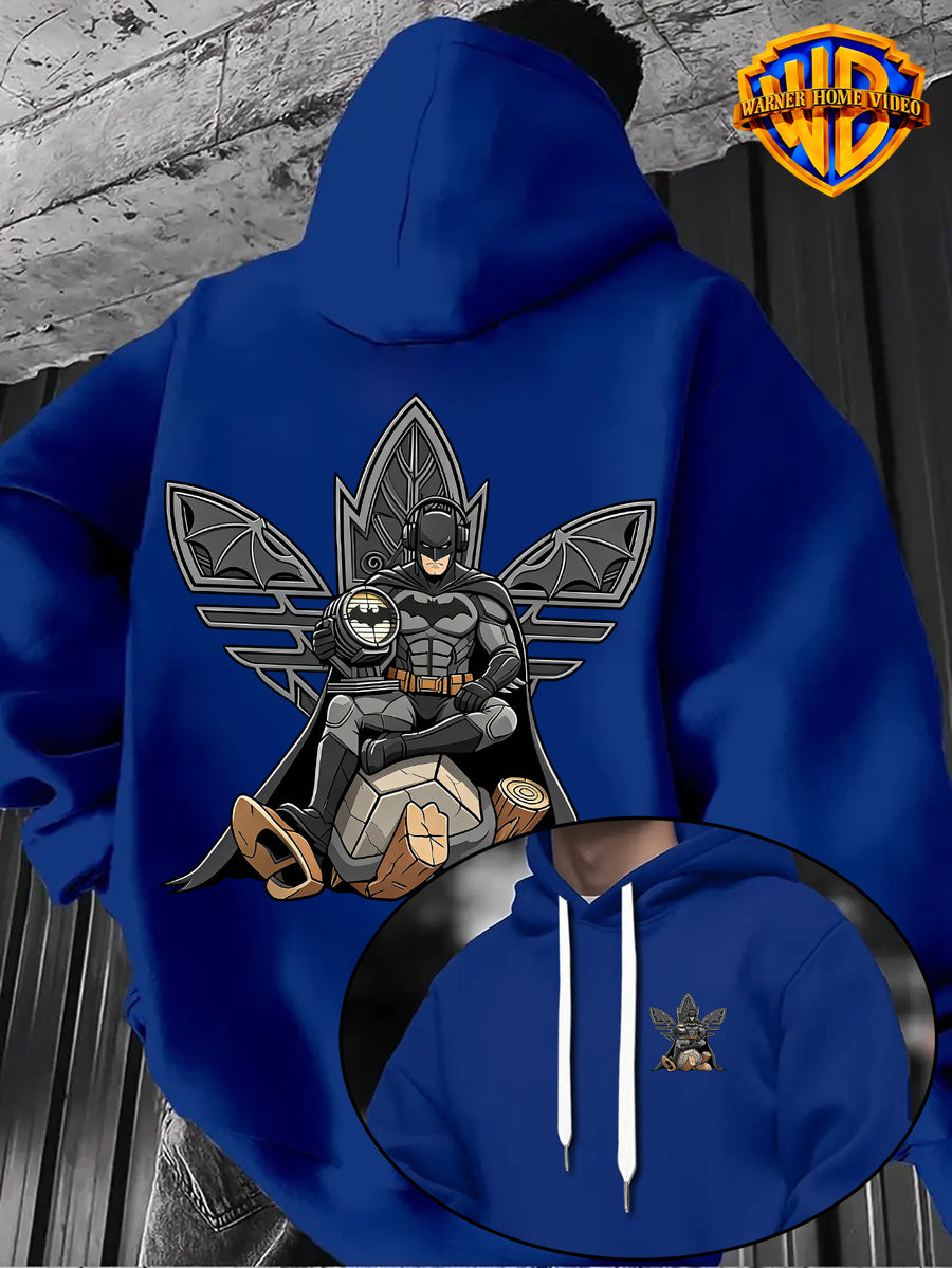 [Officially Licensed by Warner Bros] 1pc, American Dark Batman Hero Throne Portrait Creative Casual Hoodie - Men'S Fashion Sweatshirt with Double-Sided Print, Adjustable Drawstring Loose Comfortable Hoodie, Suitable for Daily And Outdoor Wear - Blue