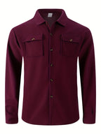Men'S Waffle Knit Long Sleeve Button-Up Shirt, Casual Lapel Workwear with Chest Pocket, Lightweight And Breathable Daily Top, Autumn Menswear - Burgundy