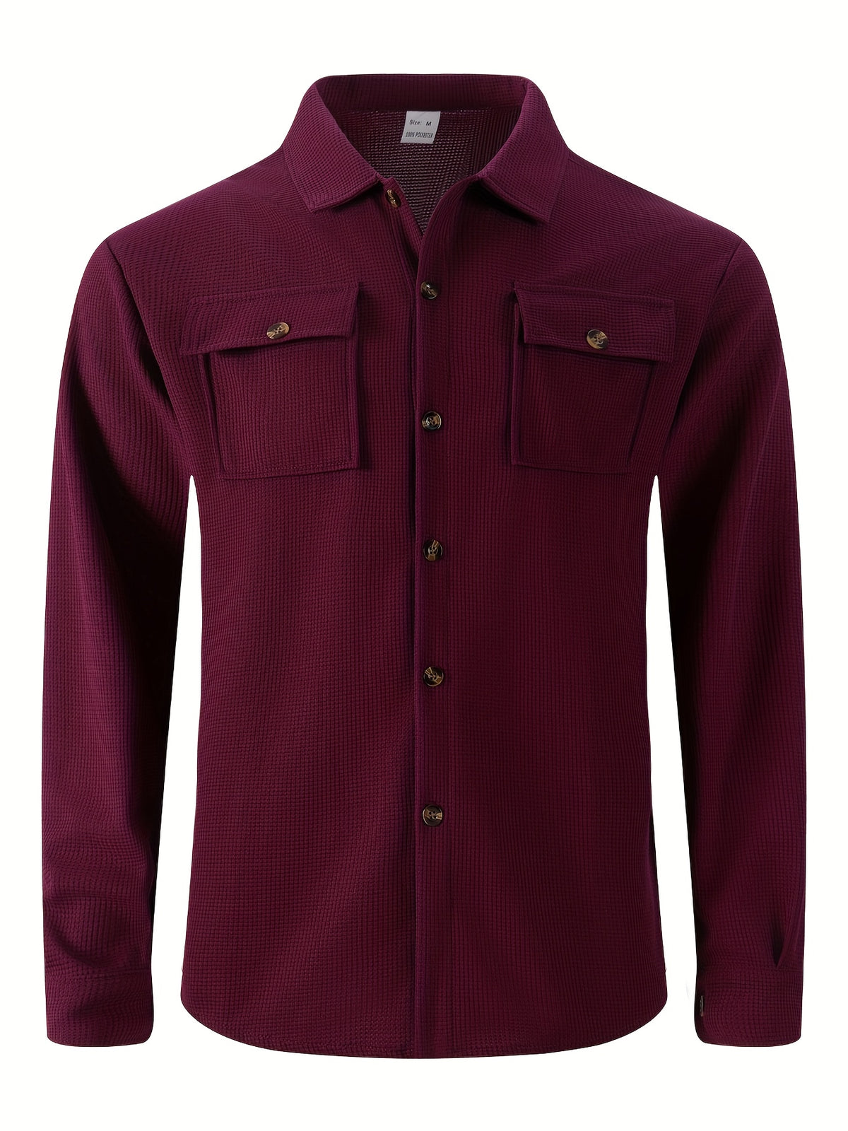 Men'S Waffle Knit Long Sleeve Button-Up Shirt, Casual Lapel Workwear with Chest Pocket, Lightweight And Breathable Daily Top, Autumn Menswear - Burgundy