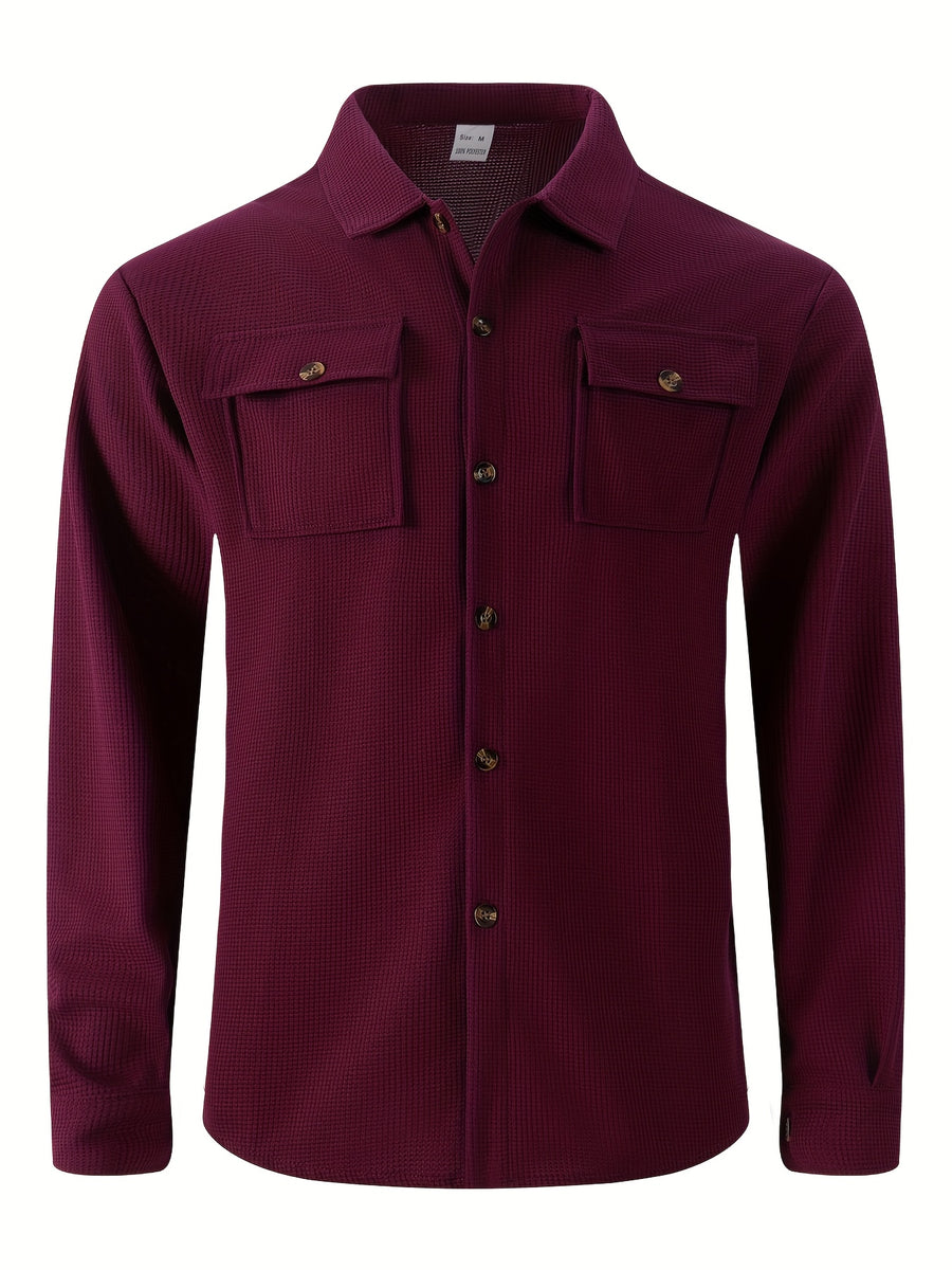 Men'S Waffle Knit Long Sleeve Button-Up Shirt, Casual Lapel Workwear with Chest Pocket, Lightweight And Breathable Daily Top, Autumn Menswear - Burgundy