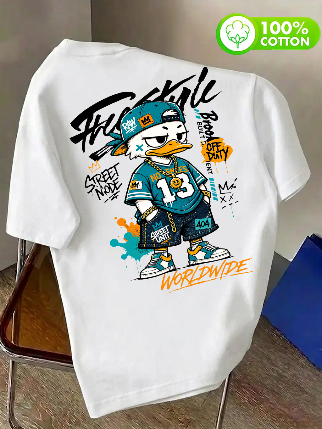 Pure Cotton Crew Neck T-Shirt, Unisex, Trendy Cool Duck, No. 13 Jersey, Multi-Element Badge, Double-Sided Front and Back Print with Letters, Breathable and Non-Sticky Back, Casual and Versatile, Suitable for Commuting, Sports, Outdoor Travel - White