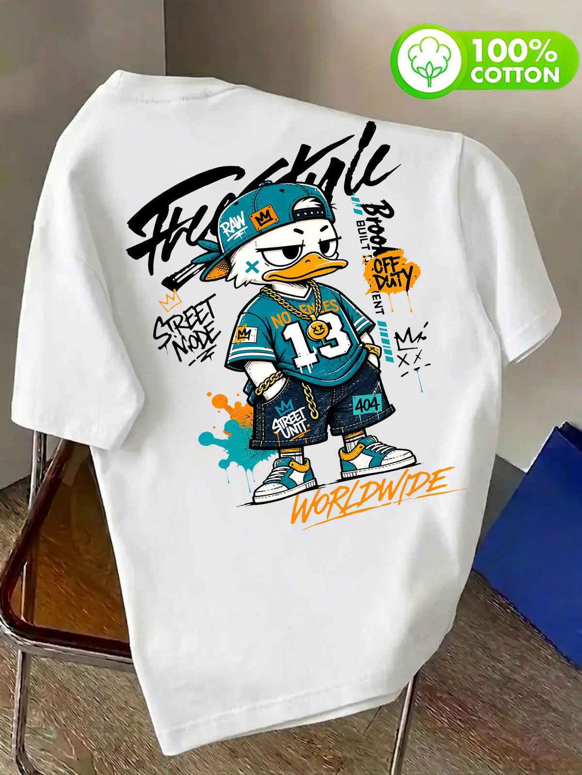 Pure Cotton Crew Neck T-Shirt, Unisex, Trendy Cool Duck, No. 13 Jersey, Multi-Element Badge, Double-Sided Front and Back Print with Letters, Breathable and Non-Sticky Back, Casual and Versatile, Suitable for Commuting, Sports, Outdoor Travel - White