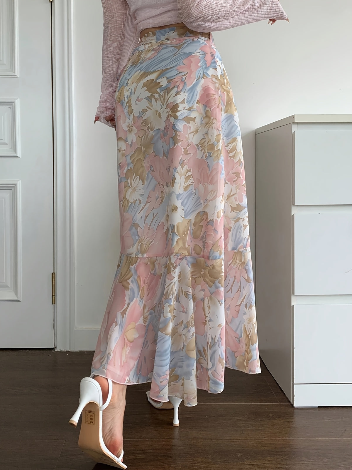 Women'S Elegant Snowflake Print Chiffon Ruffle Hem A-Line Dress, Summer, Back to Season Outfit - Multicolor